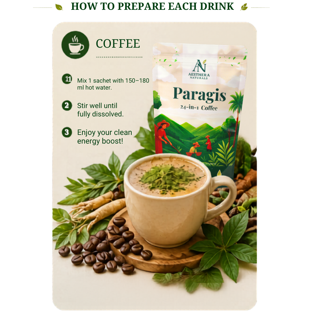 Aesthera Naturals 3 in 1 Herbal Drink Bundle Paragis Coffee Paragis Cranberry Tea and Barley Paragis Guava Juice